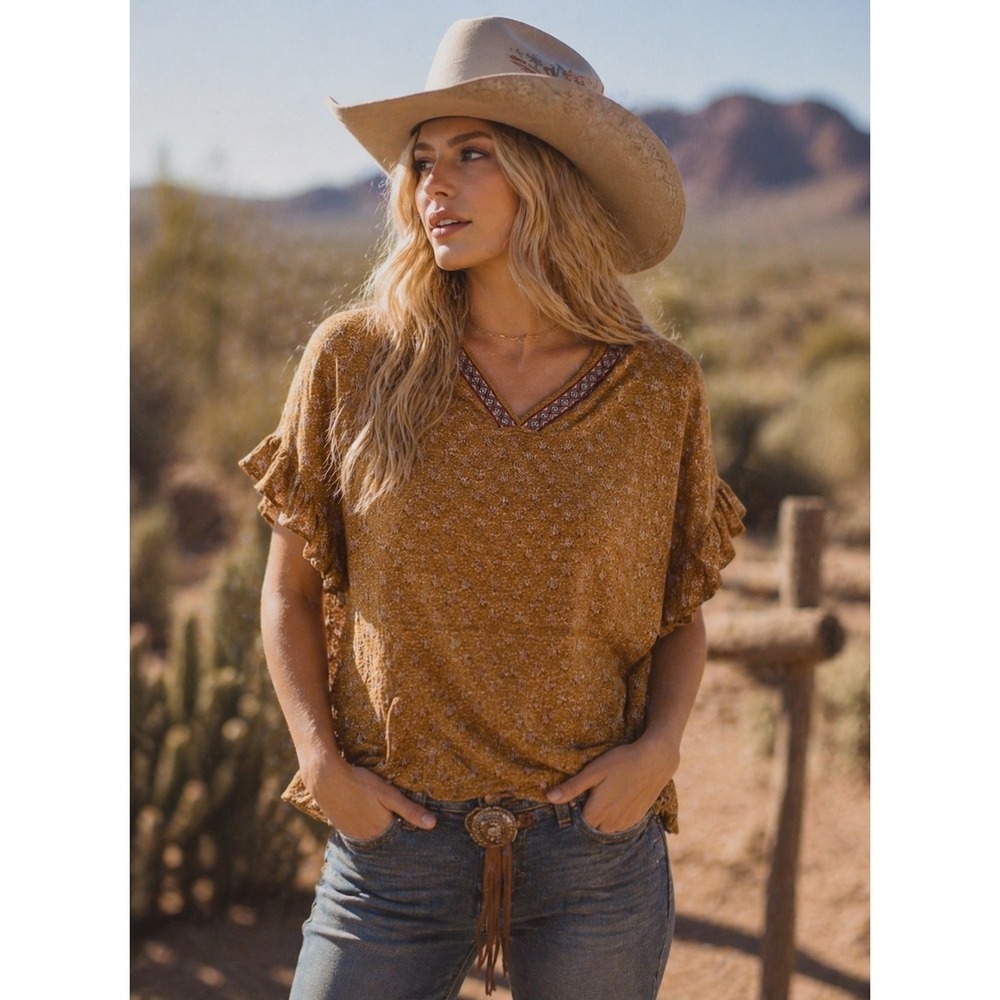 Easel Women's Oversized Hooded Top‎ Flair Sleeves BOHO Western Cowgirl Feminine